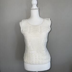 Express Tricot Vintage 90s White Crochet Sweater Womans M Vest Boho Ramie Cotton